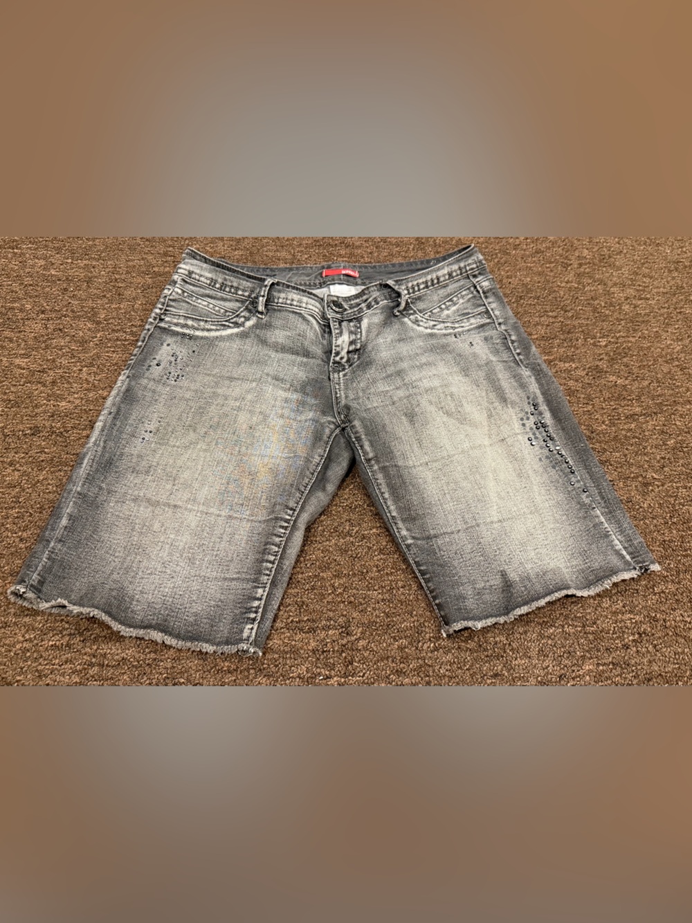 BONGO Junior Ladies 7 Gray Washed Cut-Off Denim Shorts with Embellishment